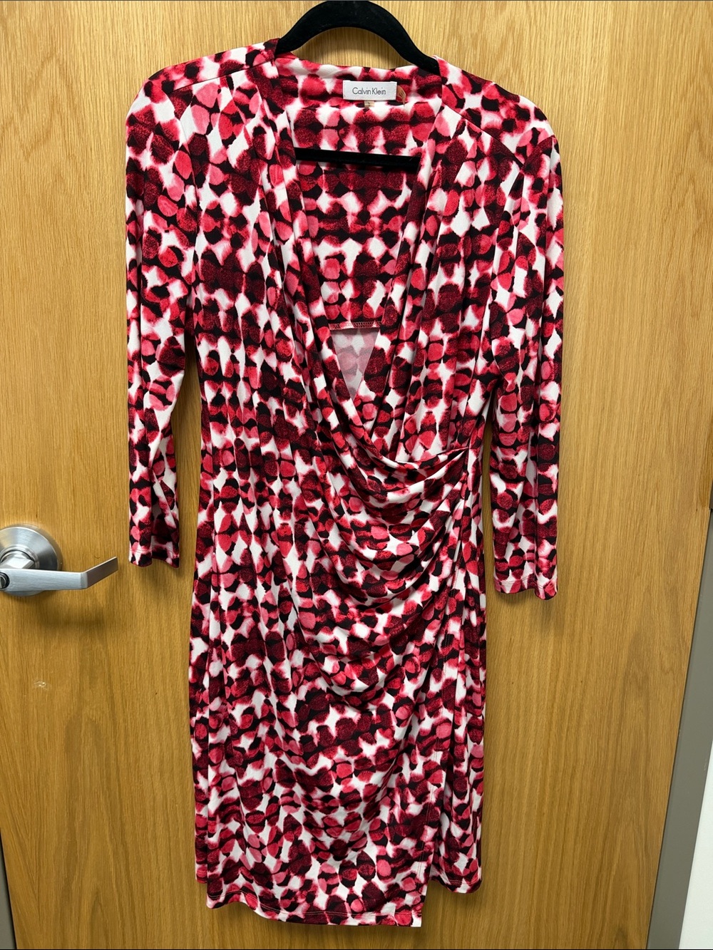Calvin Klein Red, Pink & White Draped Long Sleeve Faux Wrap-Style Dress Size L
